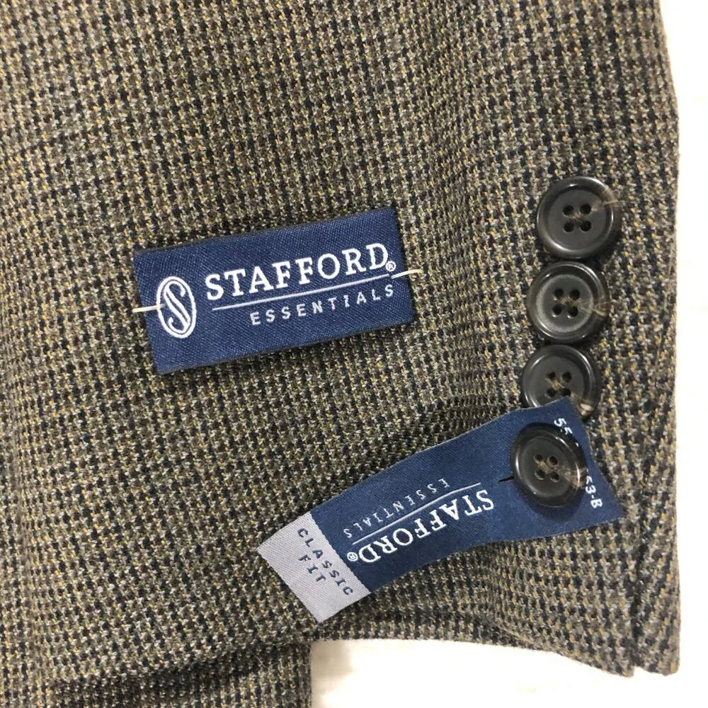 NWT Stafford Essentials Black Olive Check Classic Fit‎ Men's Size 46R